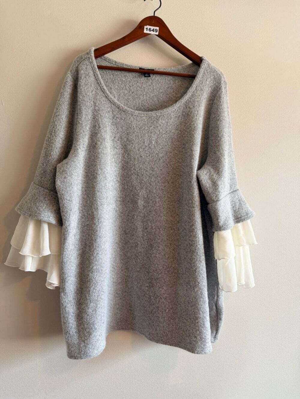 Nina Leonard 3X Grey Knit Sweater Boho Feminine White Chiffon Ruffle Sleeve - Picture 5 of 11